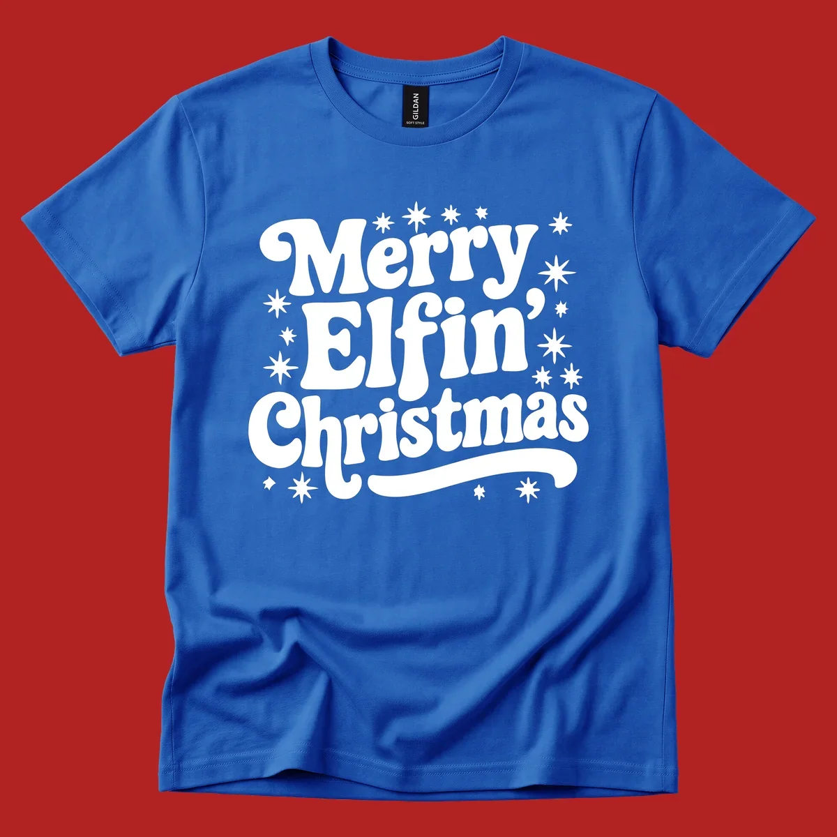 Merry Elfin Christmas groovy text design with stars.
