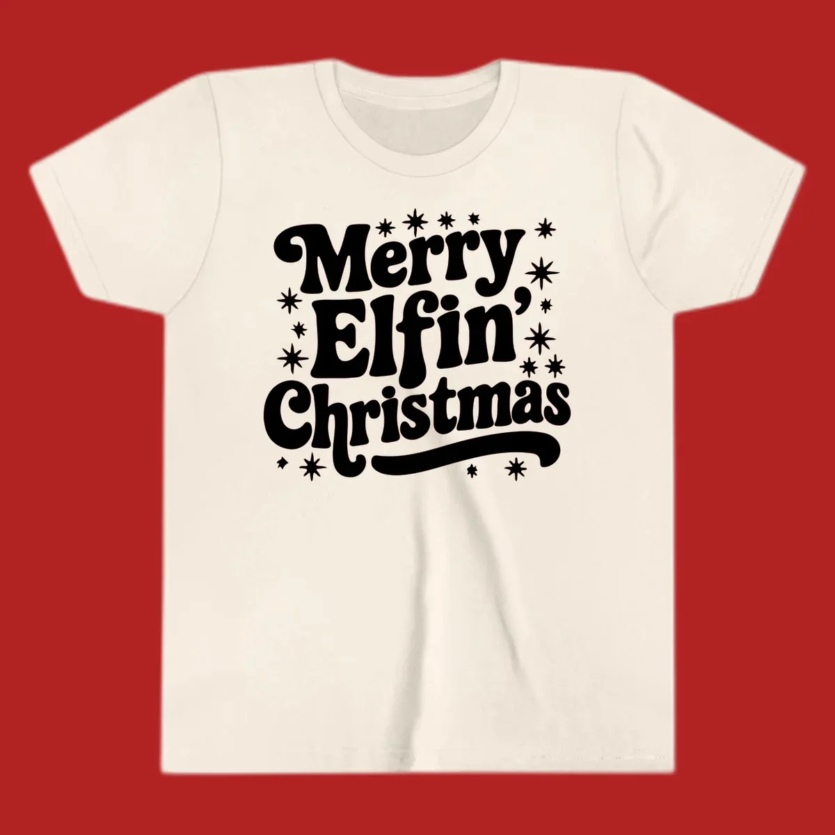 Merry Elfin Christmas groovy text design with stars.