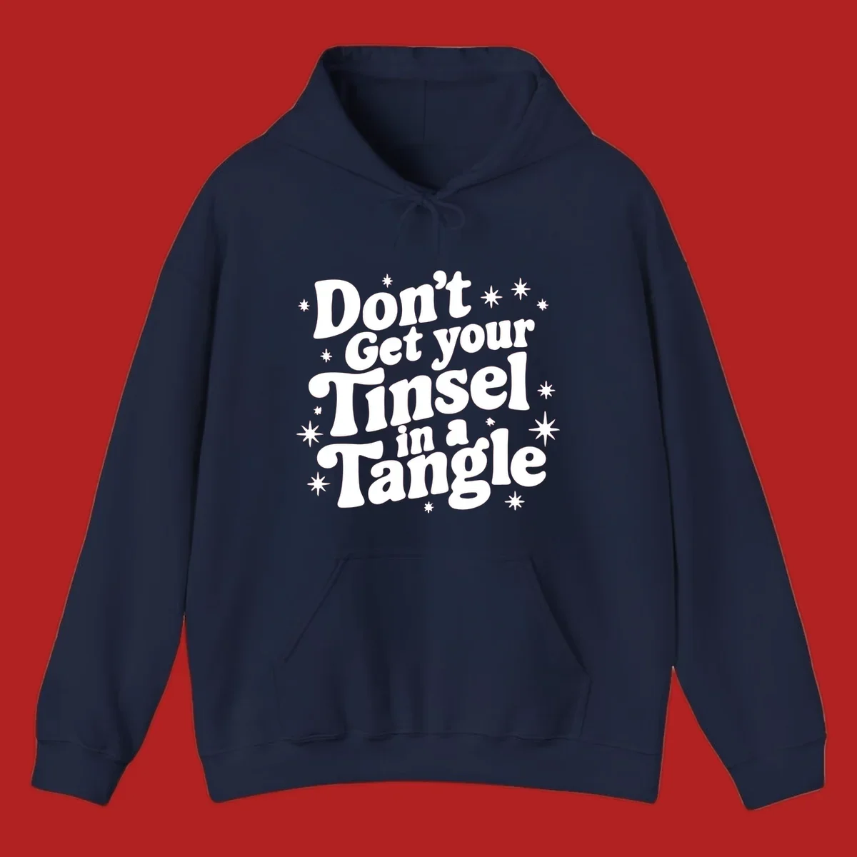 Don't get your tinsel in a tangle holiday text with stars, retro font.