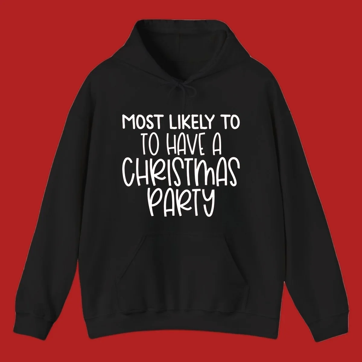 White text design saying 'Most Likely To Have A Christmas Party' on a black background, for Christmas party planner shirts.