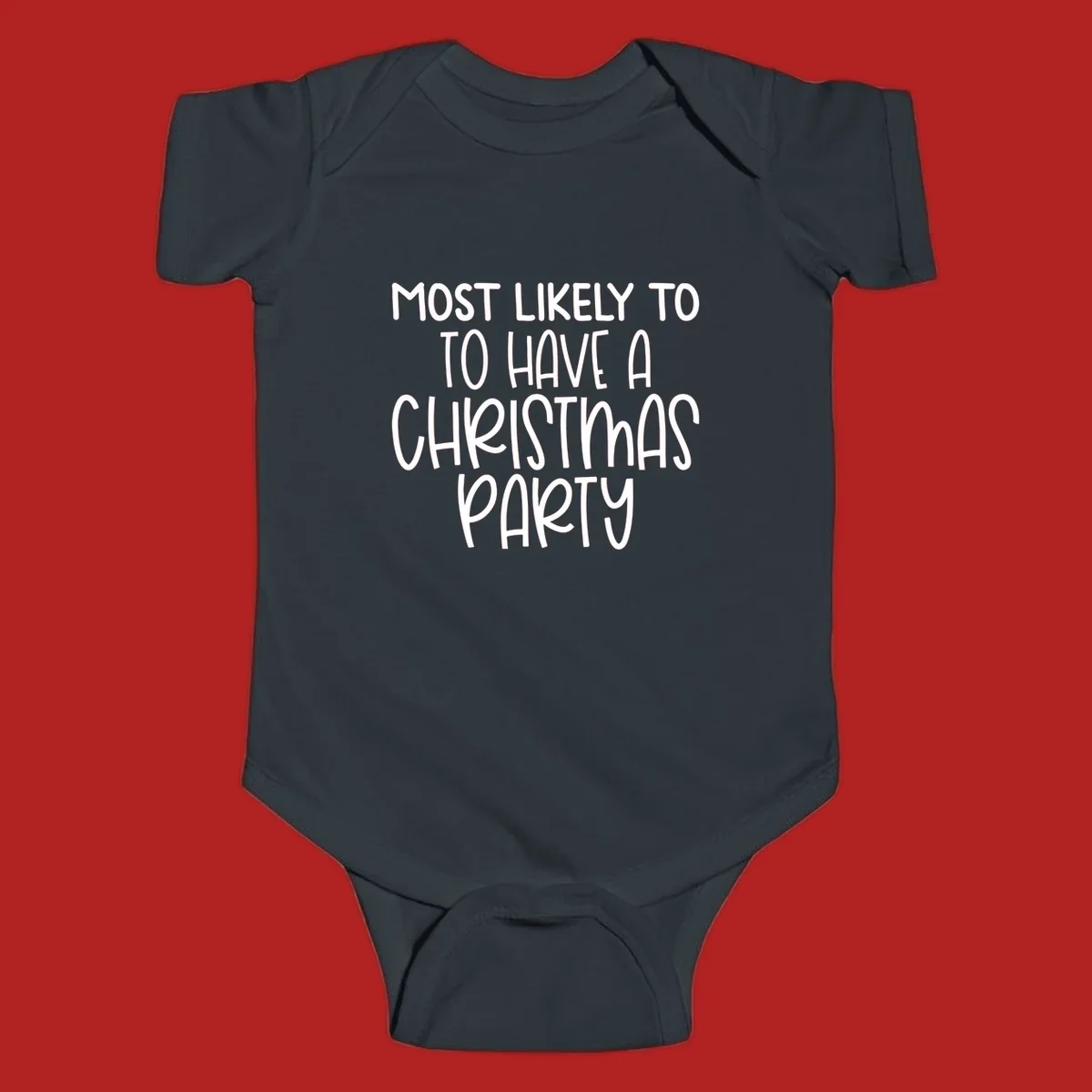 White text design saying 'Most Likely To Have A Christmas Party' on a black background, for Christmas party planner shirts.