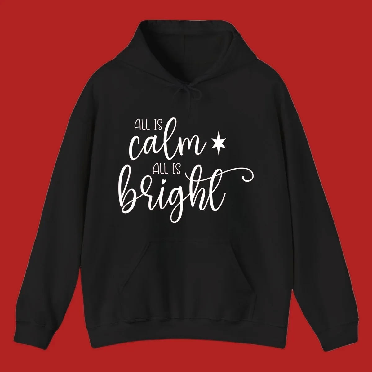 Elegant white script text 'All Is Calm All Is Bright' with star and heart, holiday design.