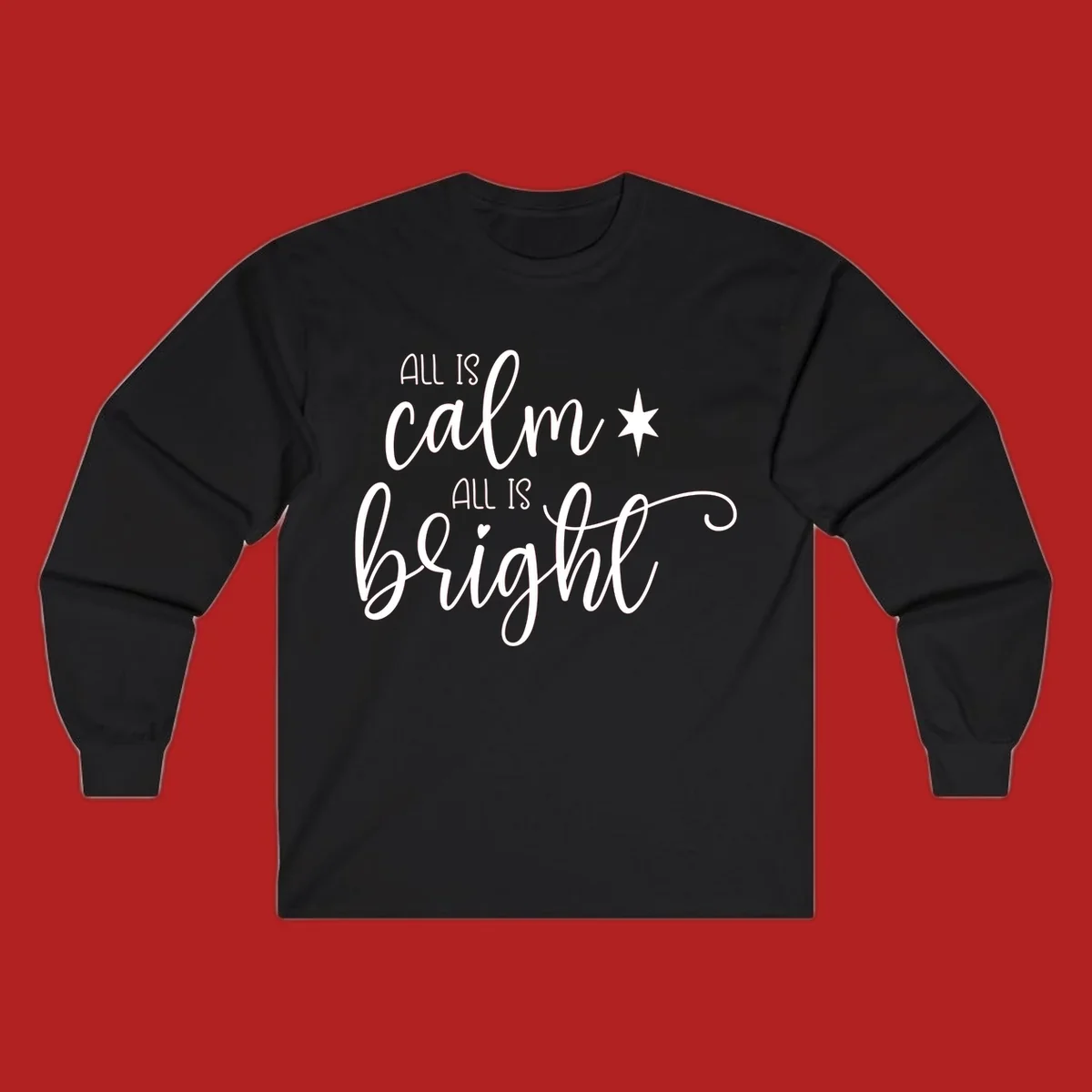 Elegant white script text 'All Is Calm All Is Bright' with star and heart, holiday design.