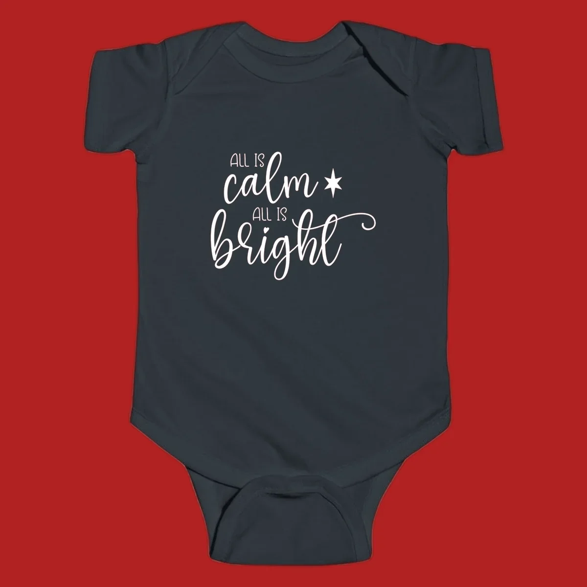 Elegant white script text 'All Is Calm All Is Bright' with star and heart, holiday design.