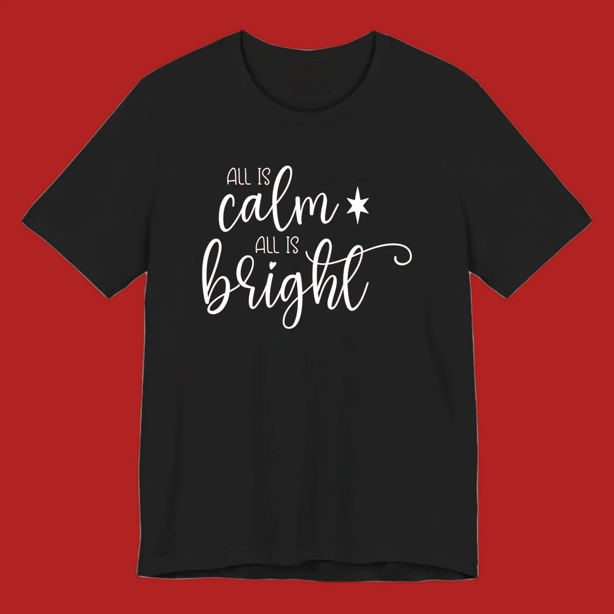 Elegant white script text 'All Is Calm All Is Bright' with star and heart, holiday design.