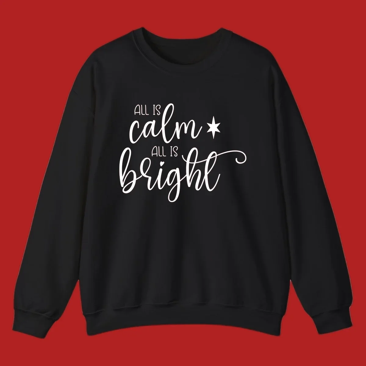 Elegant white script text 'All Is Calm All Is Bright' with star and heart, holiday design.