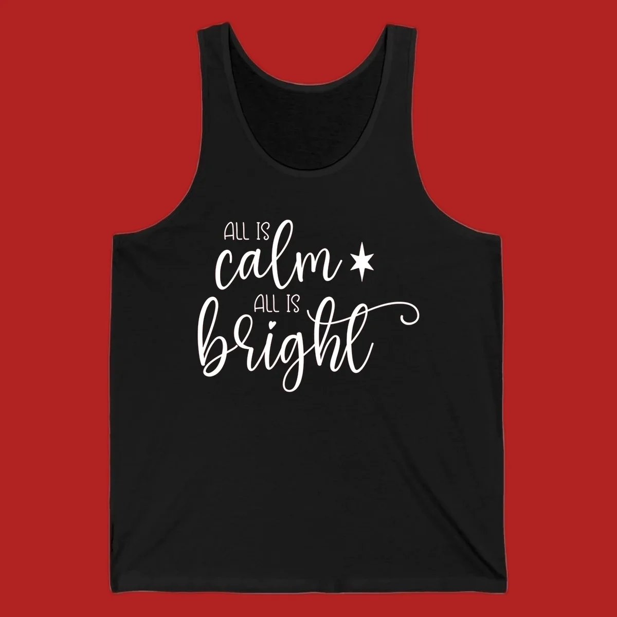Elegant white script text 'All Is Calm All Is Bright' with star and heart, holiday design.