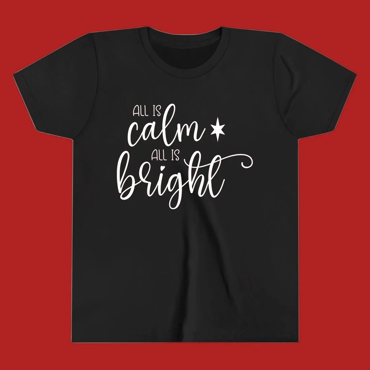 Elegant white script text 'All Is Calm All Is Bright' with star and heart, holiday design.
