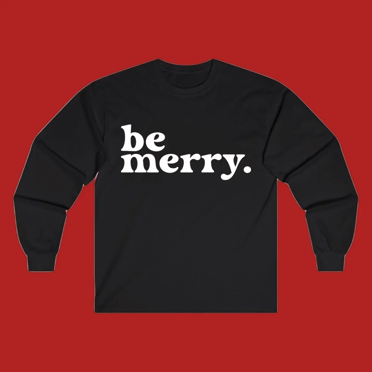 White retro typography saying 'be merry.' on a black background, perfect for the holiday season.