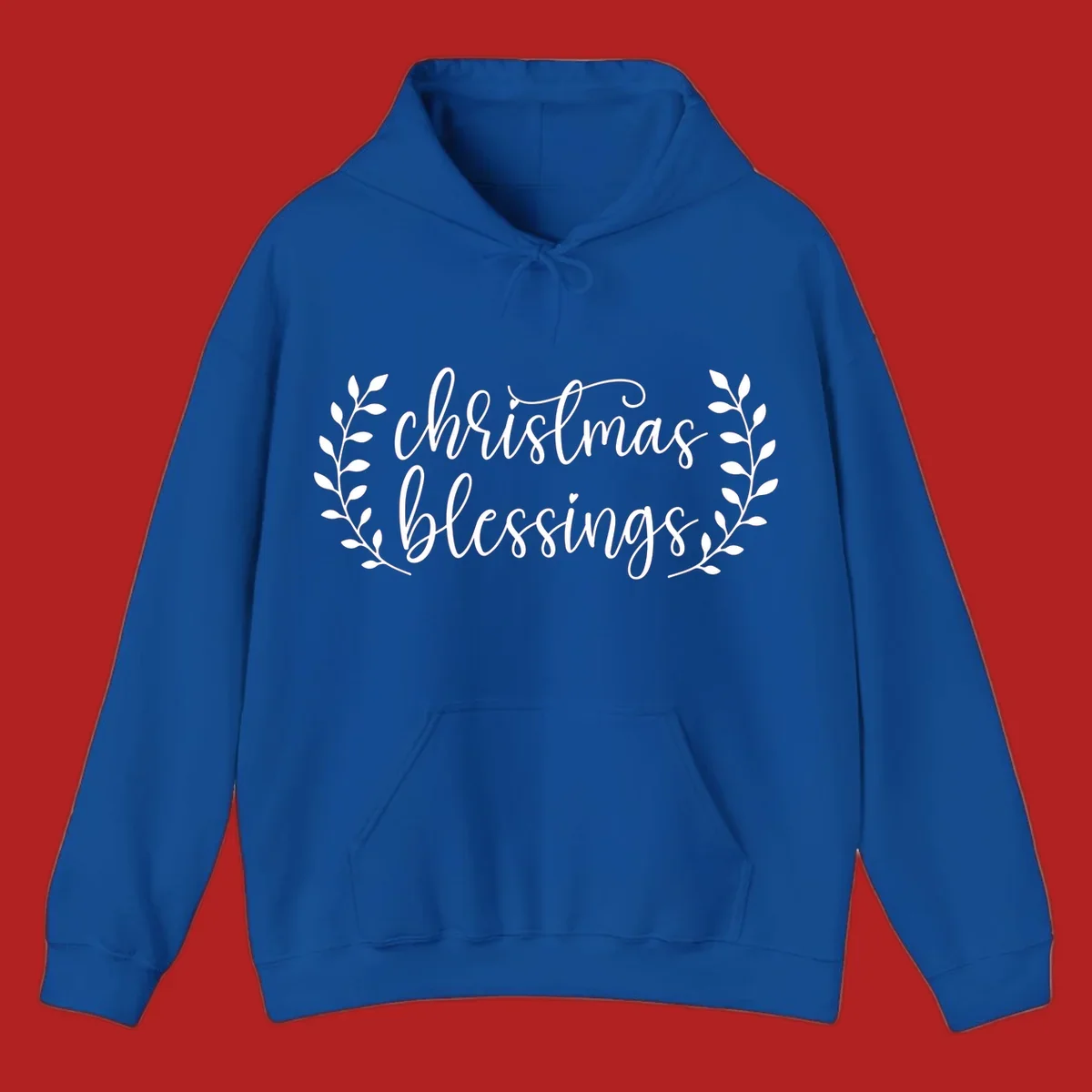 Christmas blessings text with leafy branches accent.