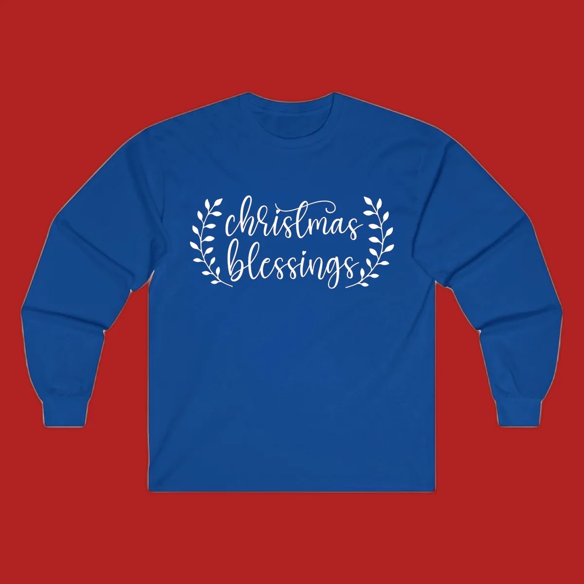 Christmas blessings text with leafy branches accent.