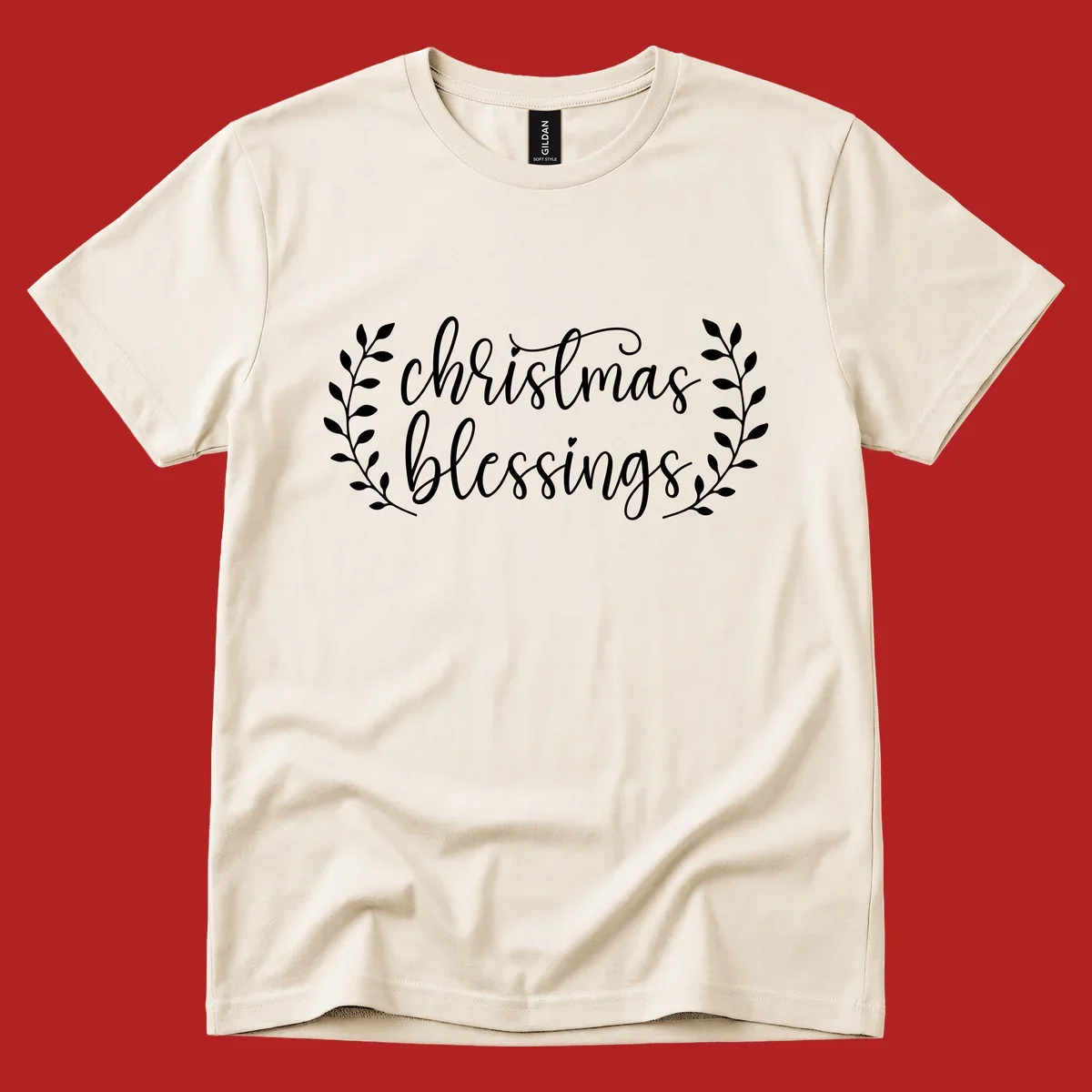 Christmas blessings text with leafy branches accent.