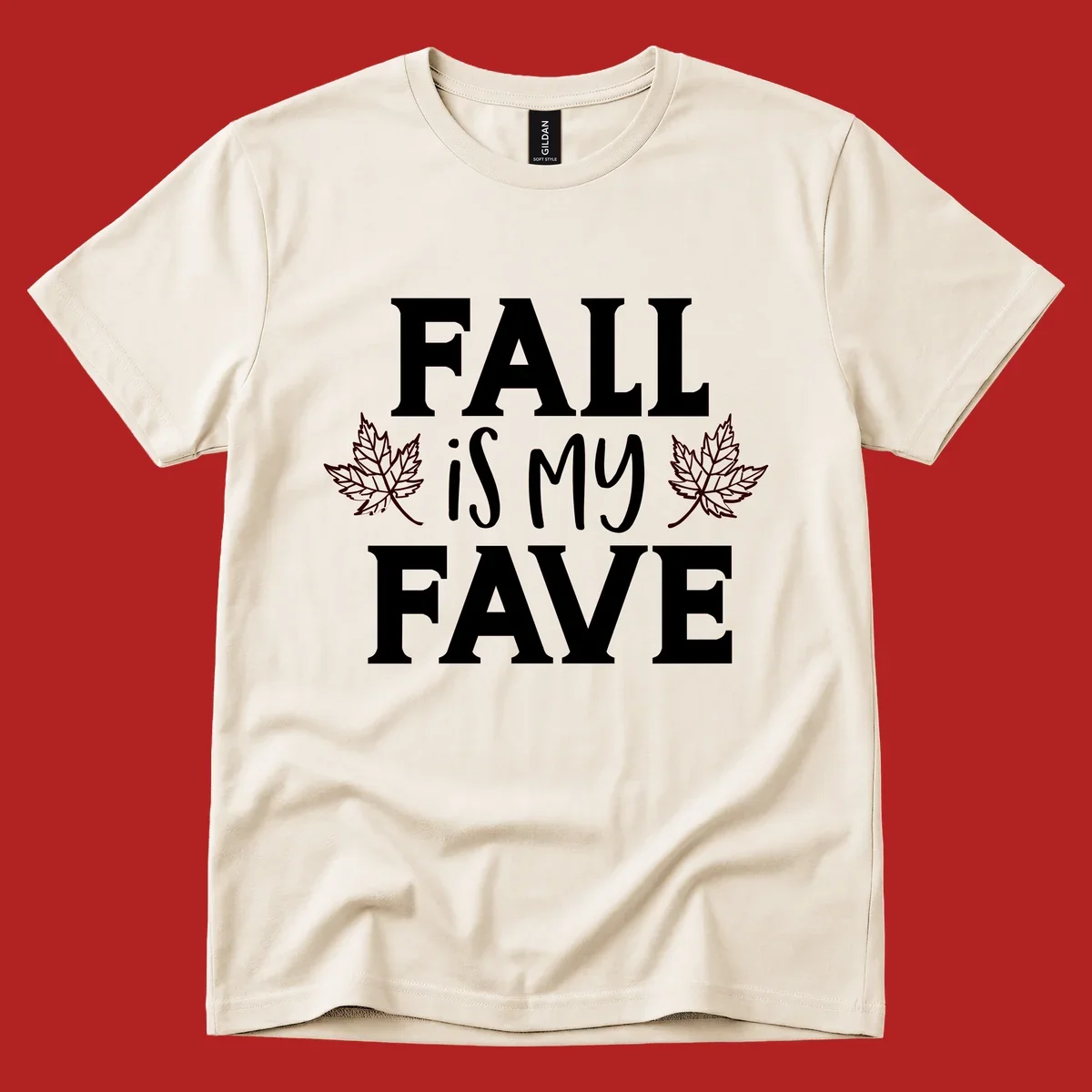 Fall is my fave text with maple leaves graphic