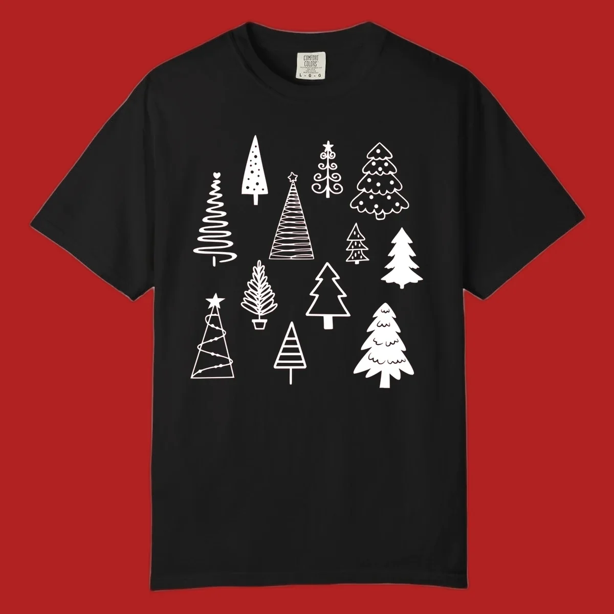 Whimsical Christmas tree collection illustration in white on black.