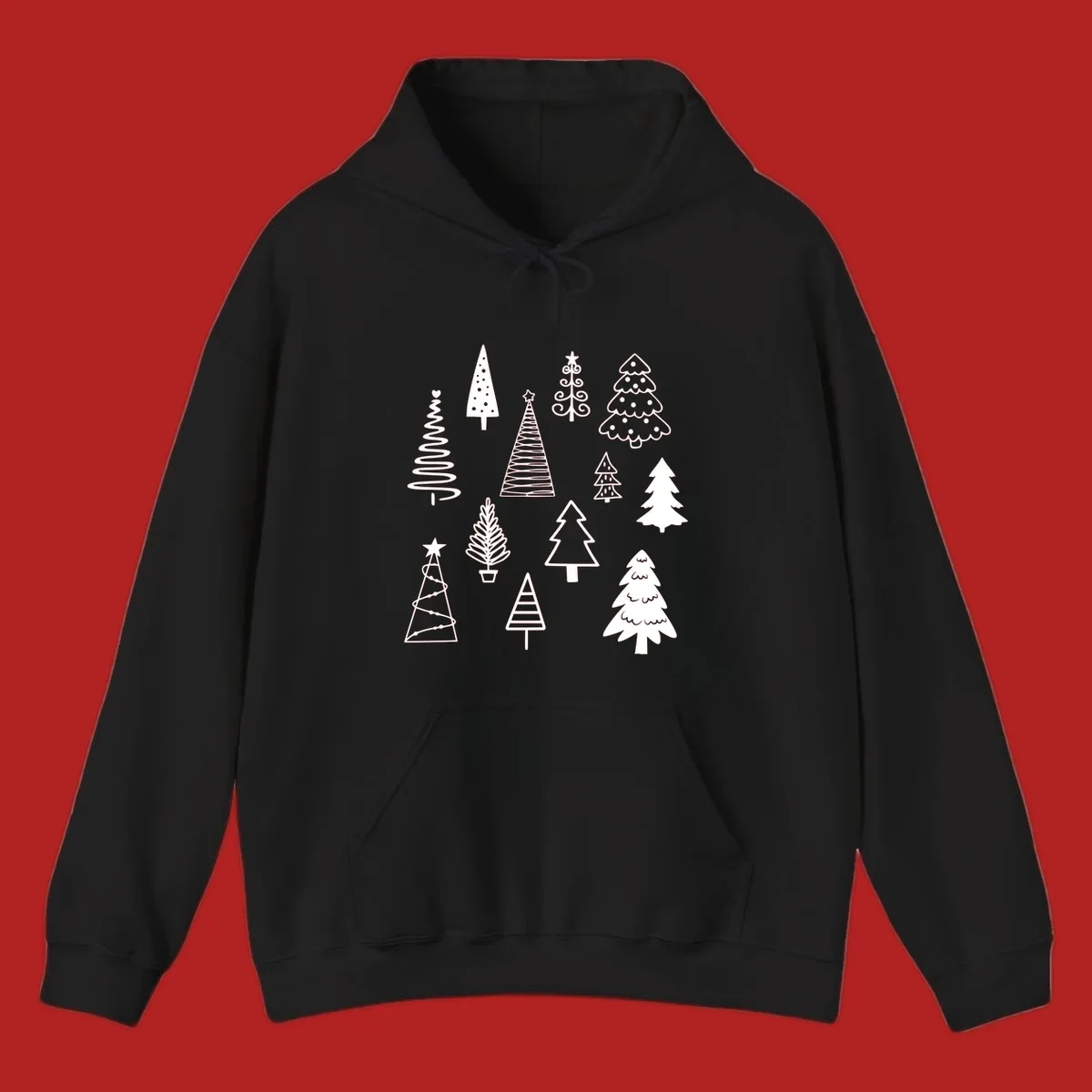 Whimsical Christmas tree collection illustration in white on black.