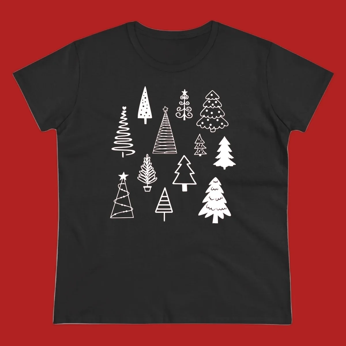 Whimsical Christmas tree collection illustration in white on black.