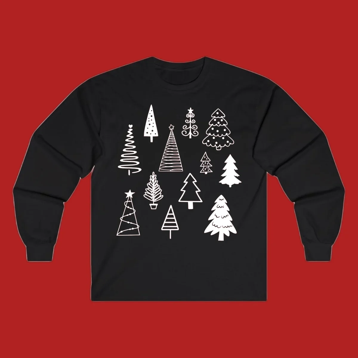 Whimsical Christmas tree collection illustration in white on black.