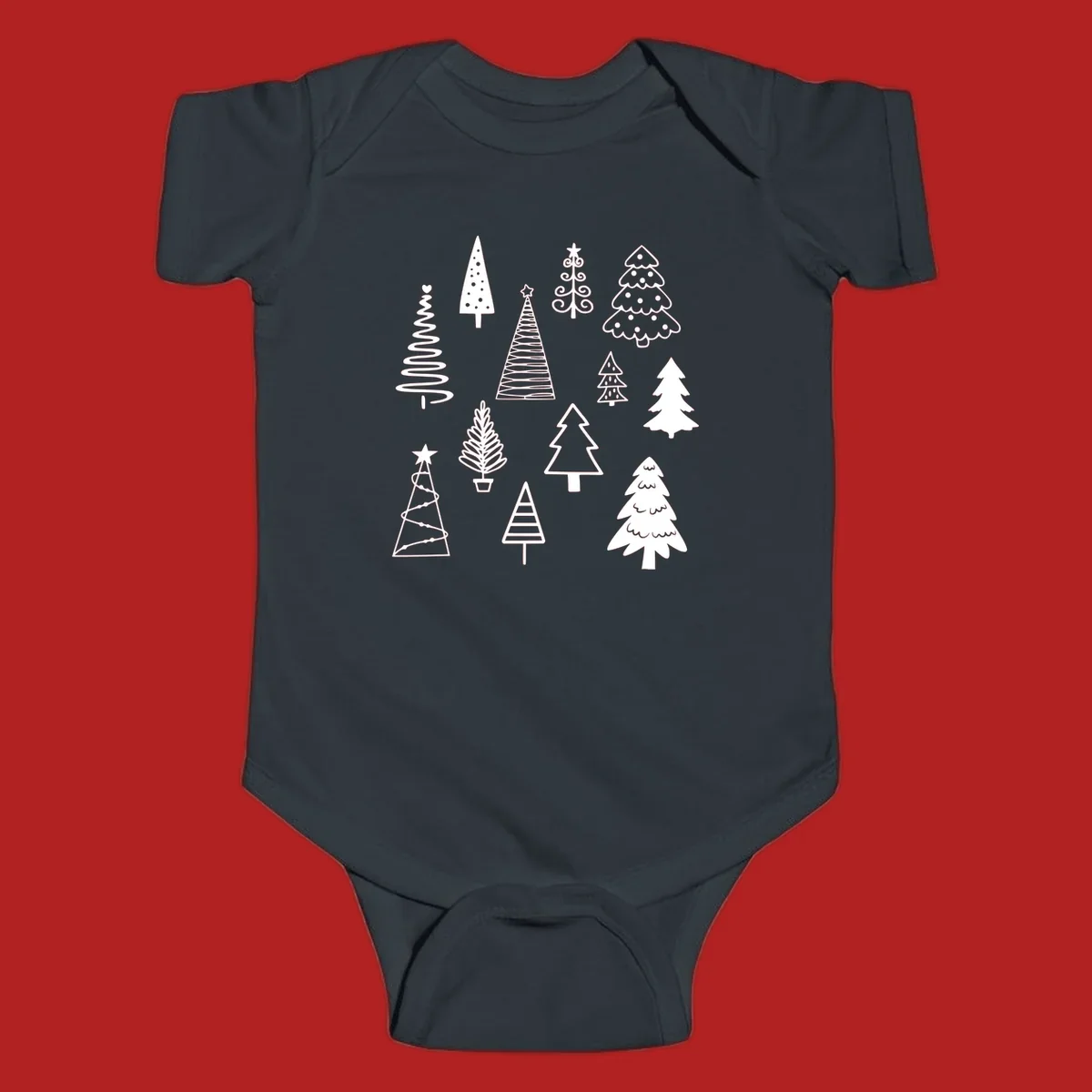 Whimsical Christmas tree collection illustration in white on black.