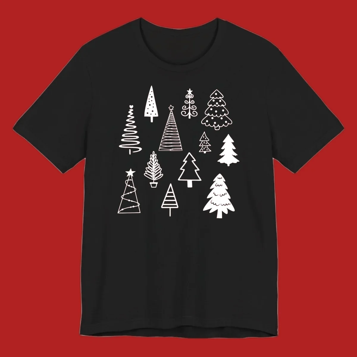 Whimsical Christmas tree collection illustration in white on black.