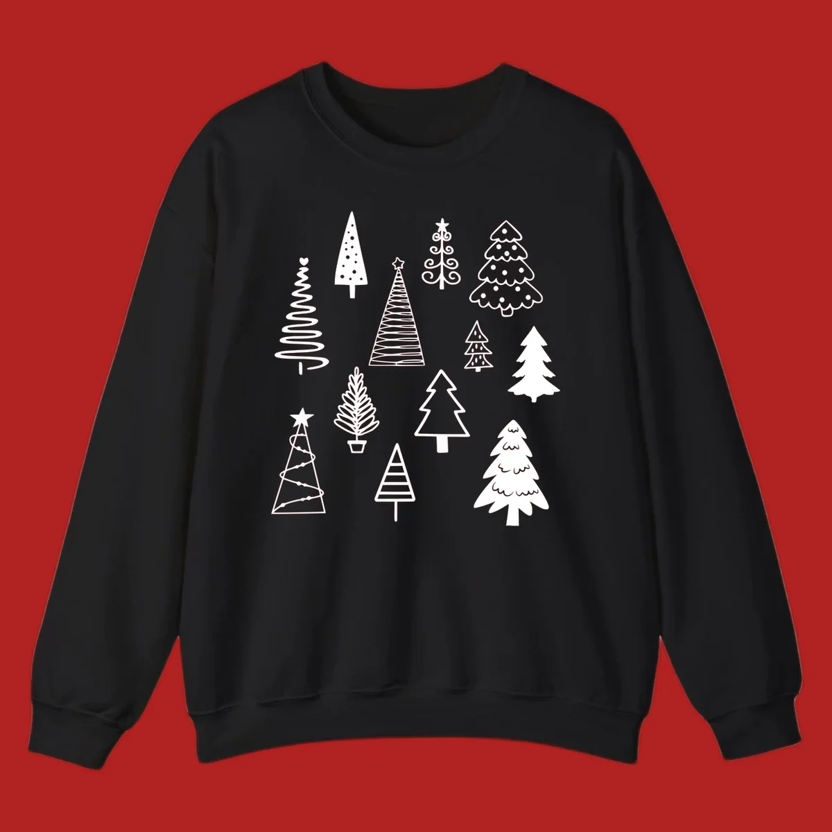 Whimsical Christmas tree collection illustration in white on black.