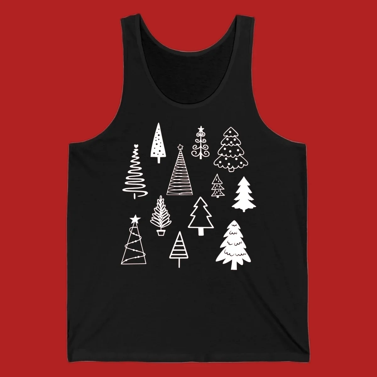 Whimsical Christmas tree collection illustration in white on black.