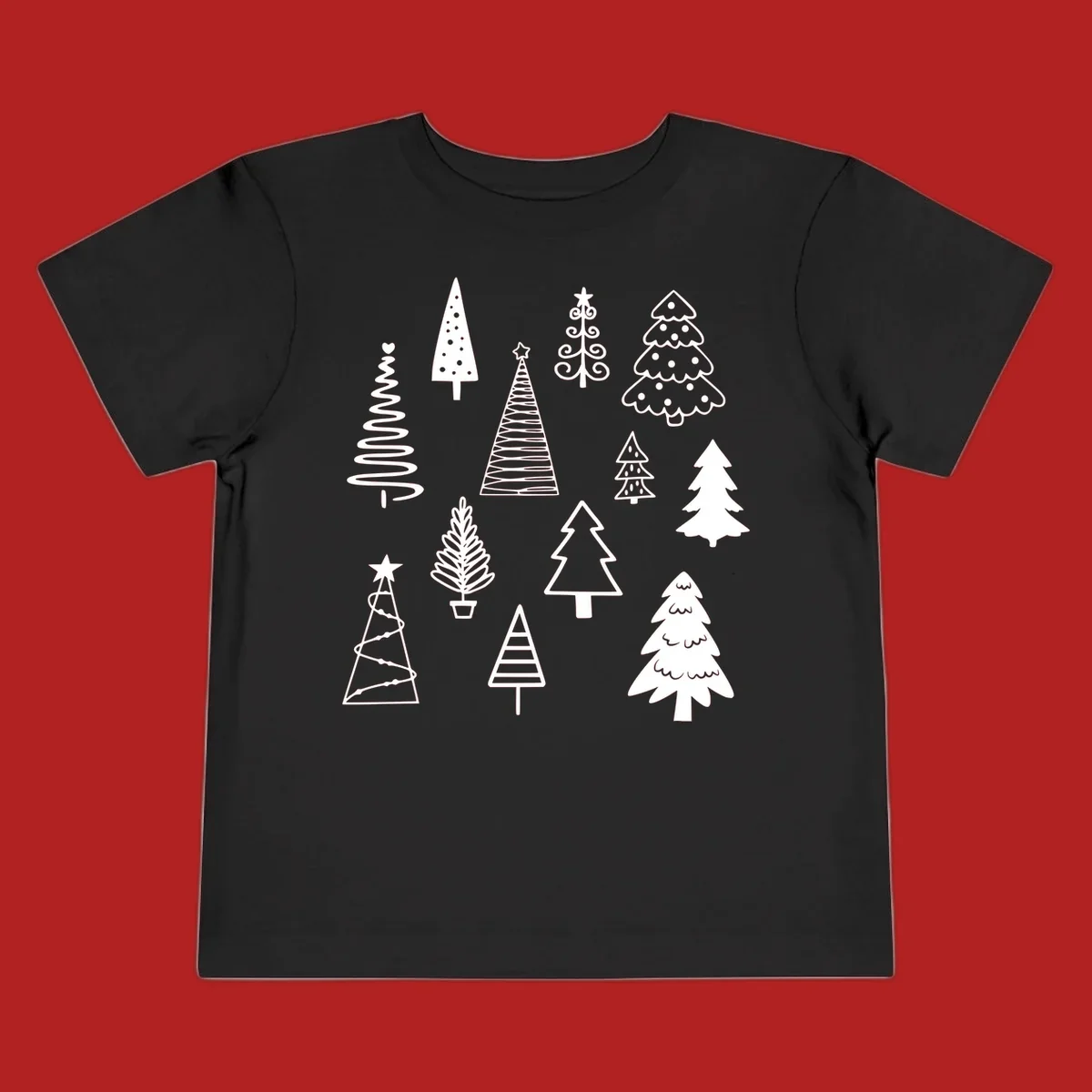 Whimsical Christmas tree collection illustration in white on black.