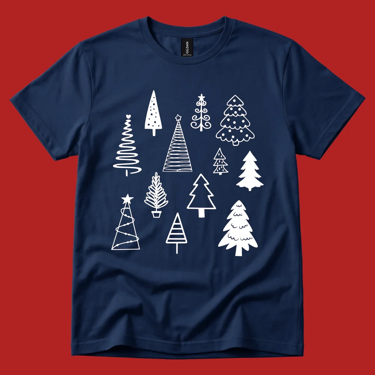 Whimsical Christmas tree collection illustration in white on black.