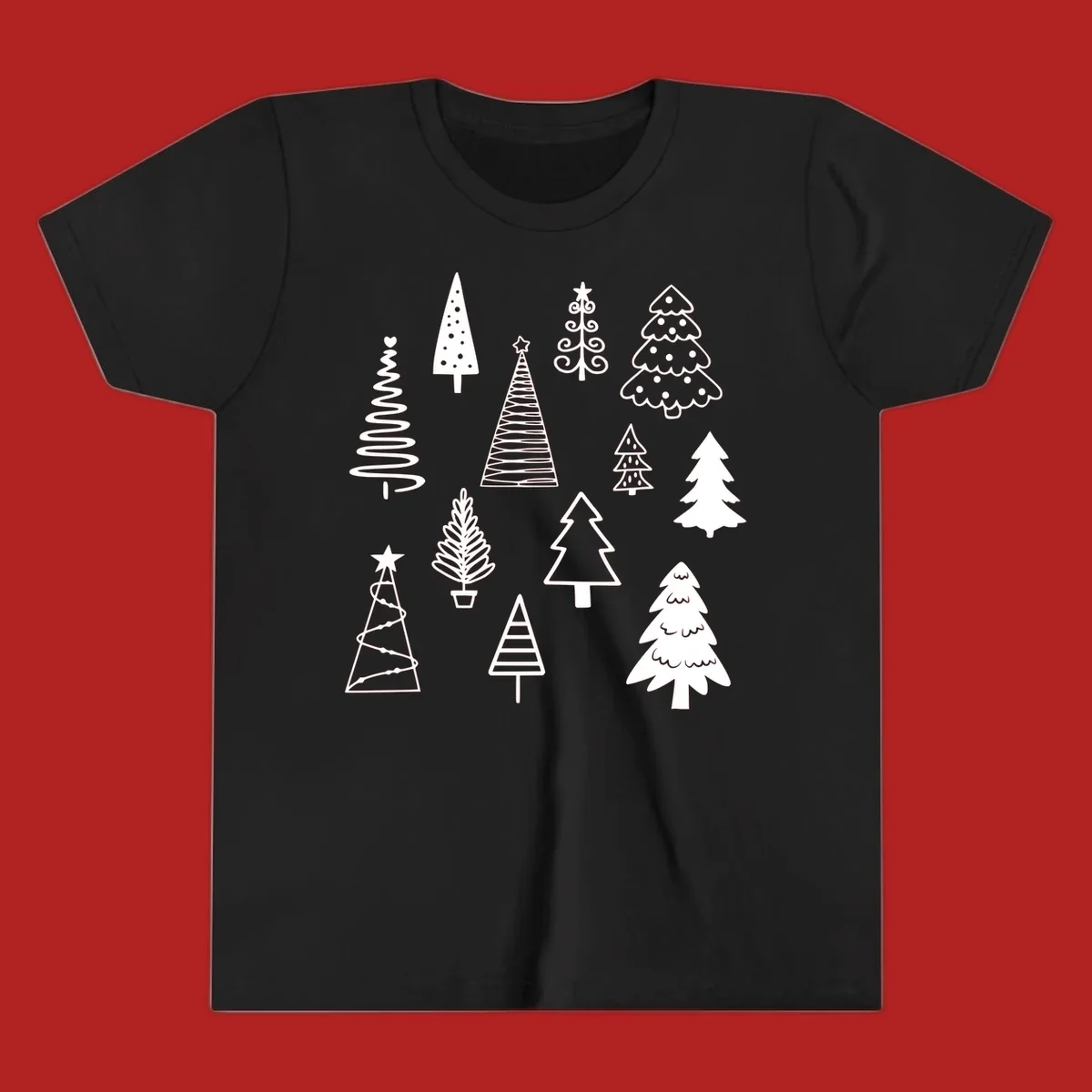 Whimsical Christmas tree collection illustration in white on black.
