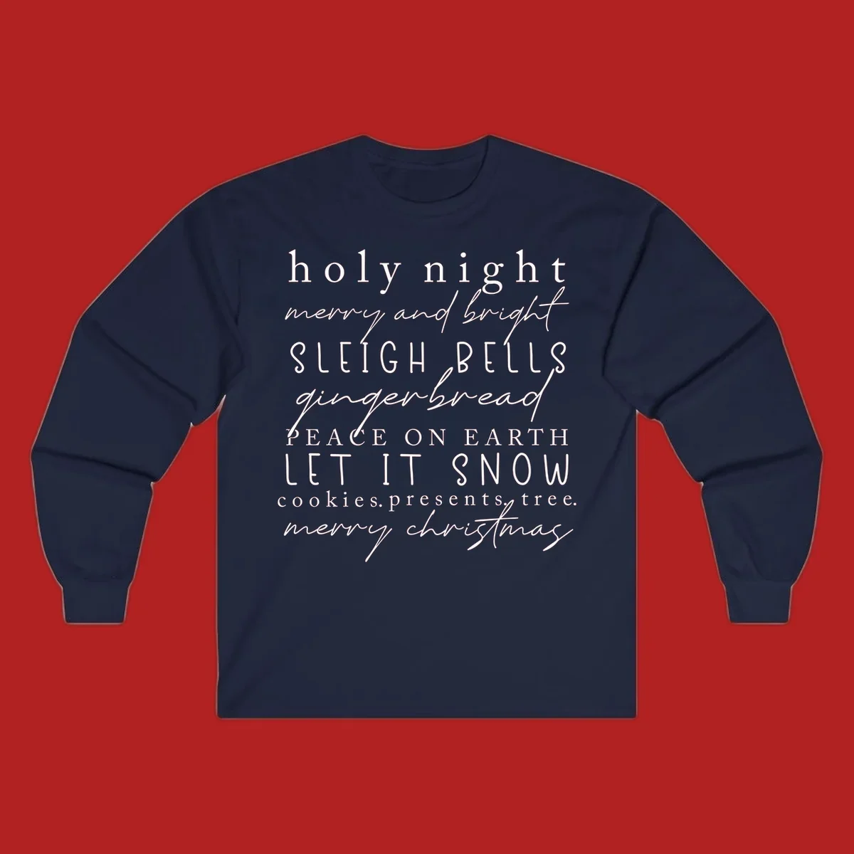 Christmas phrase typography design with words like 'holy night' and 'merry christmas'.