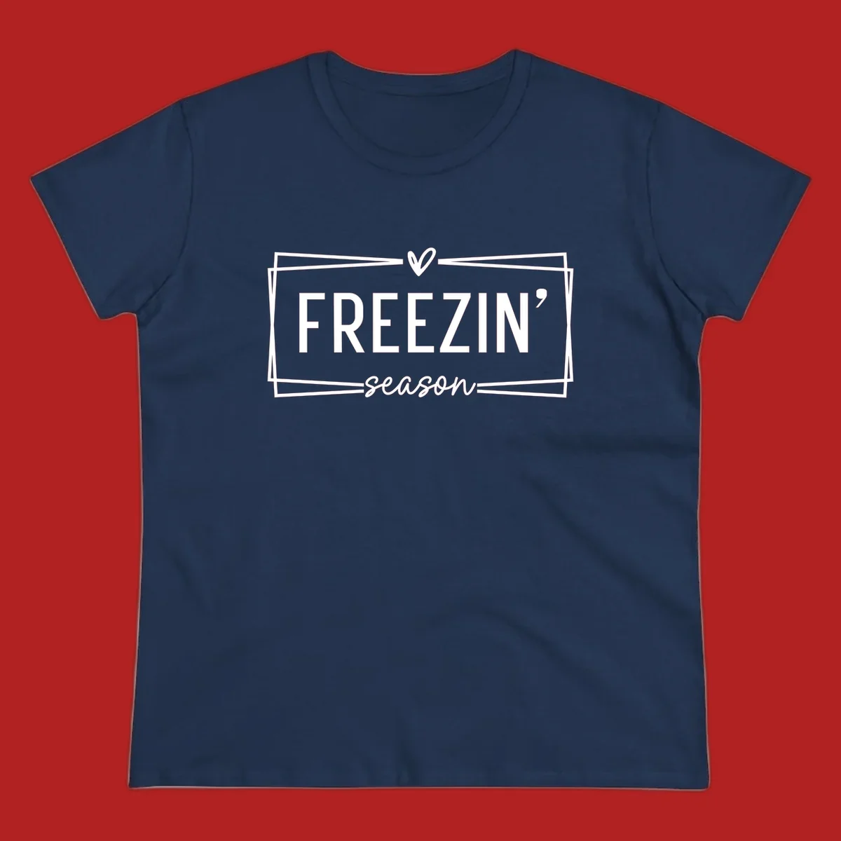 Freezin' Season text design with heart icon and border, for winter holidays.