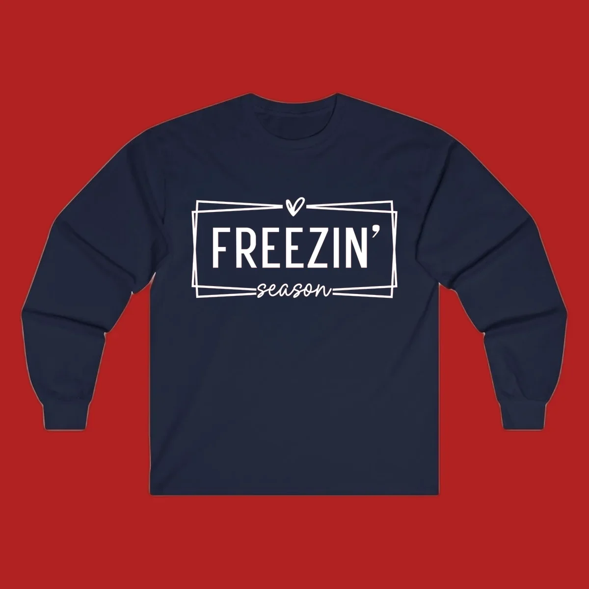 Freezin' Season text design with heart icon and border, for winter holidays.