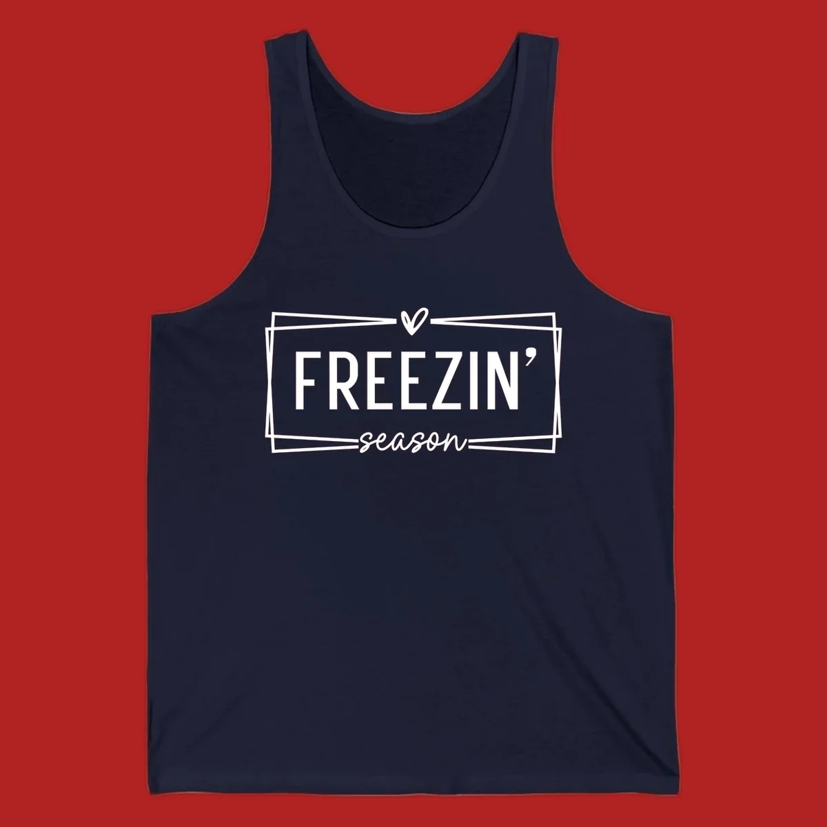 Freezin' Season text design with heart icon and border, for winter holidays.