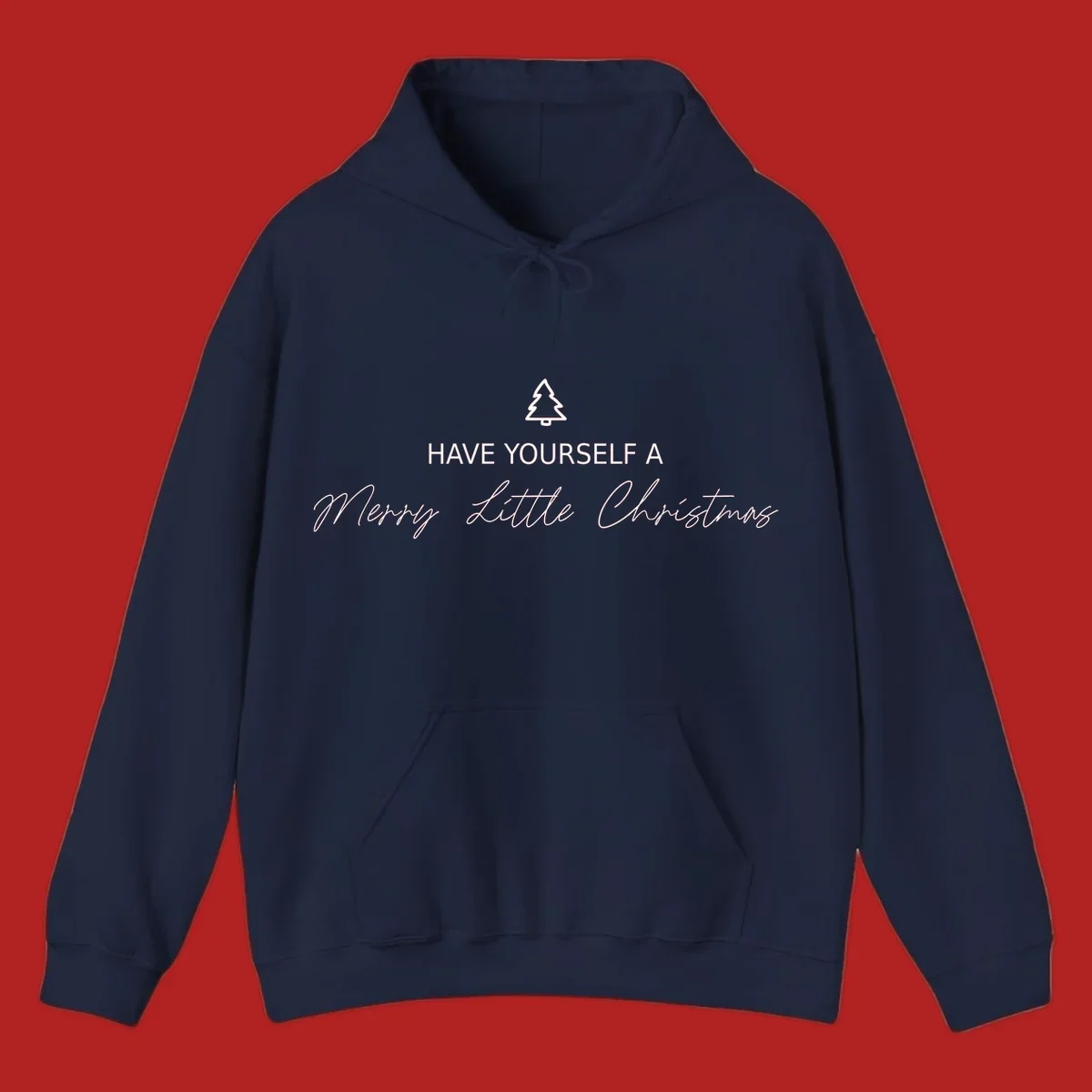 Typography design with a Christmas tree and the phrase 'Have Yourself A Merry Little Christmas' in script and block letters.