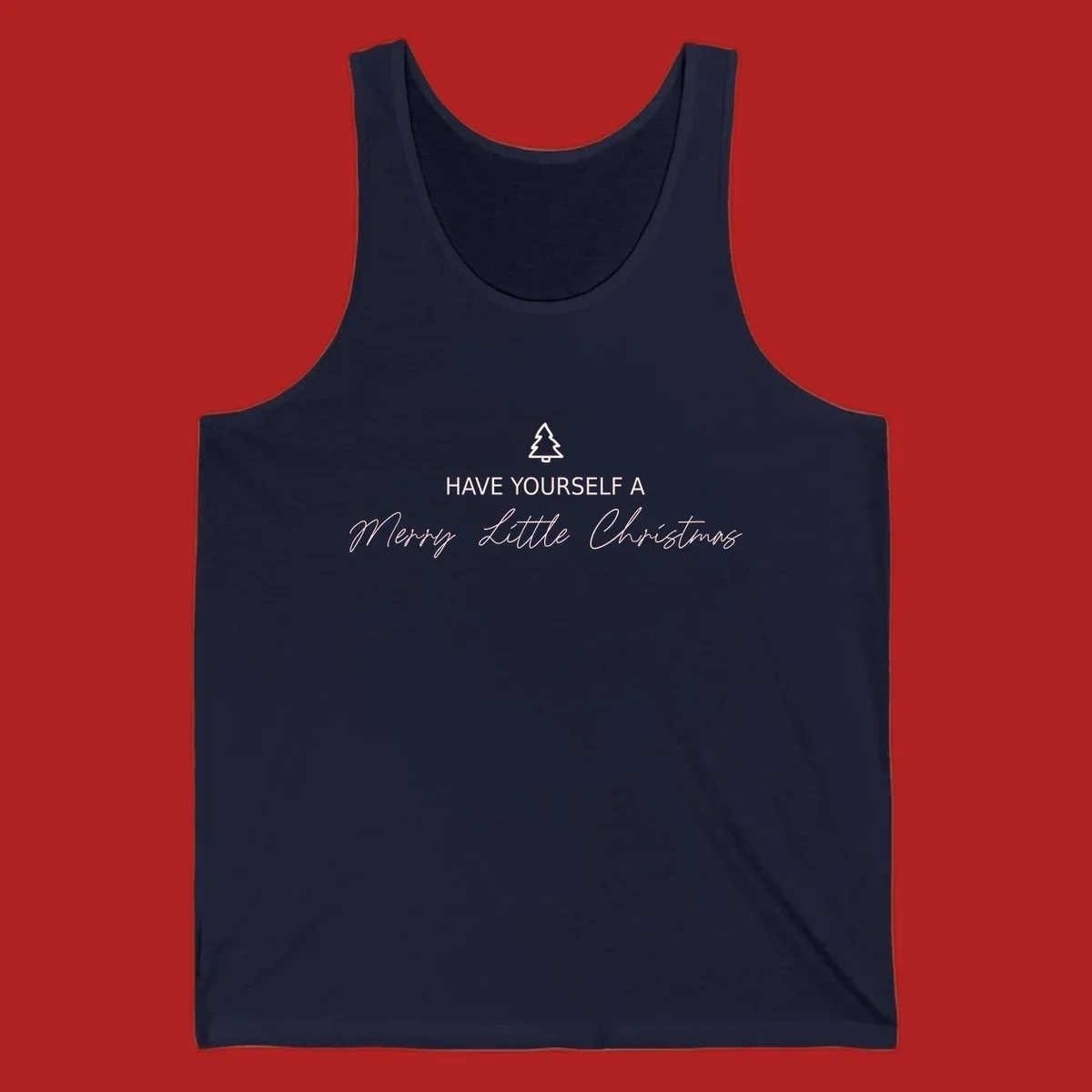 Typography design with a Christmas tree and the phrase 'Have Yourself A Merry Little Christmas' in script and block letters.