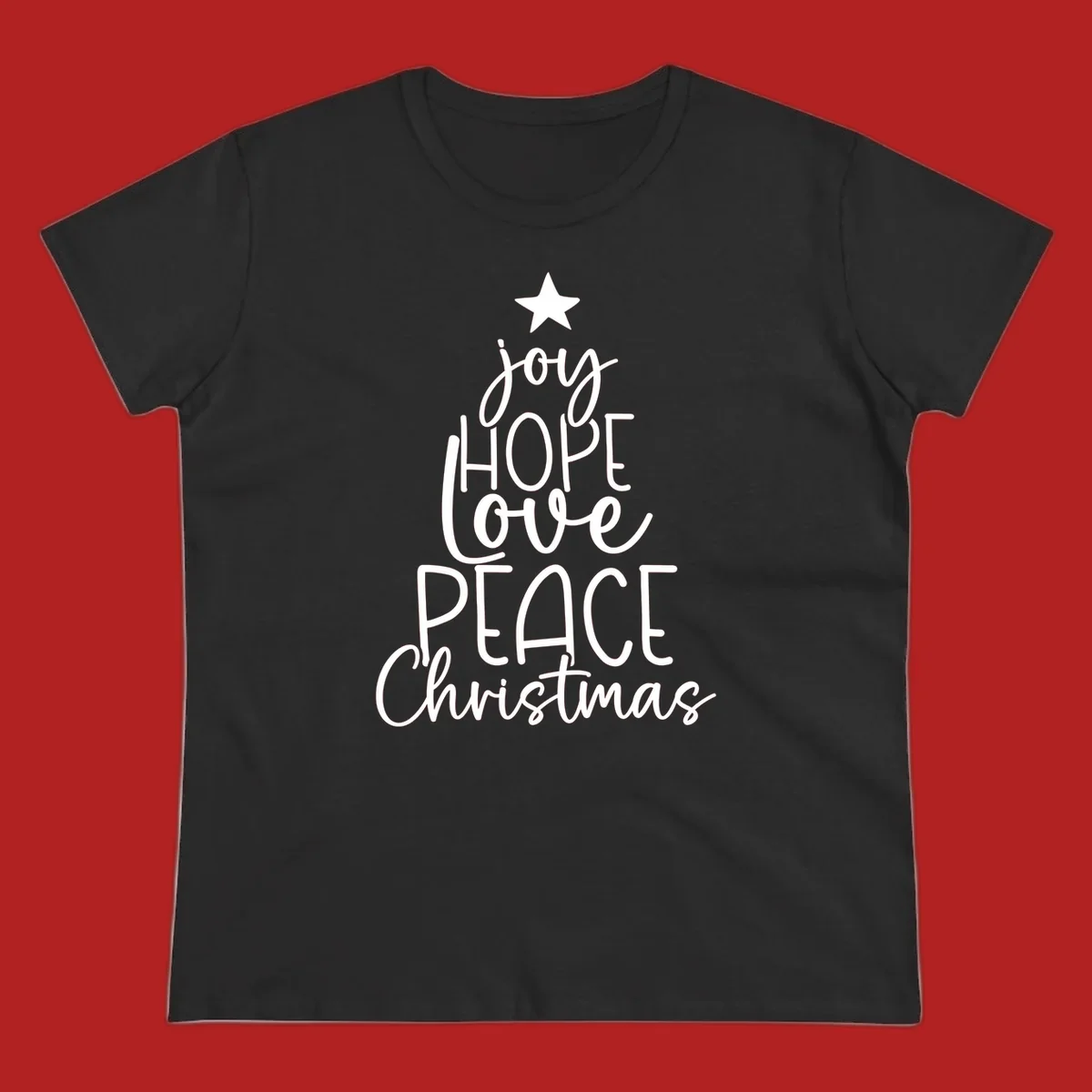 Christmas tree made of words joy, hope, love, peace, and Christmas with a star on top.