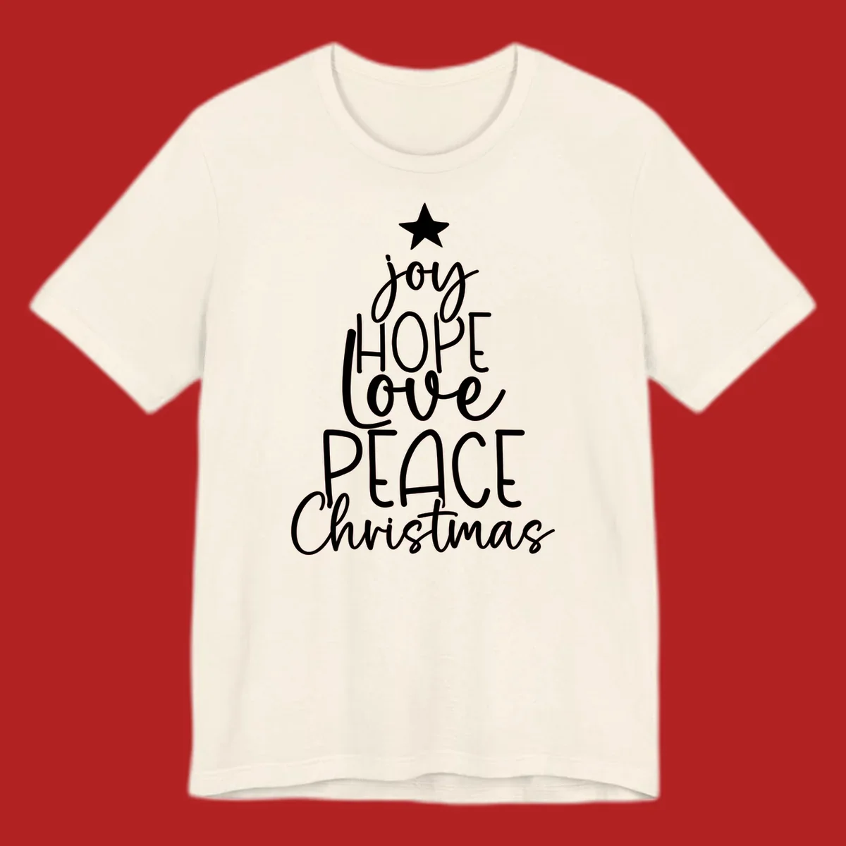 Christmas tree made of words joy, hope, love, peace, and Christmas with a star on top.