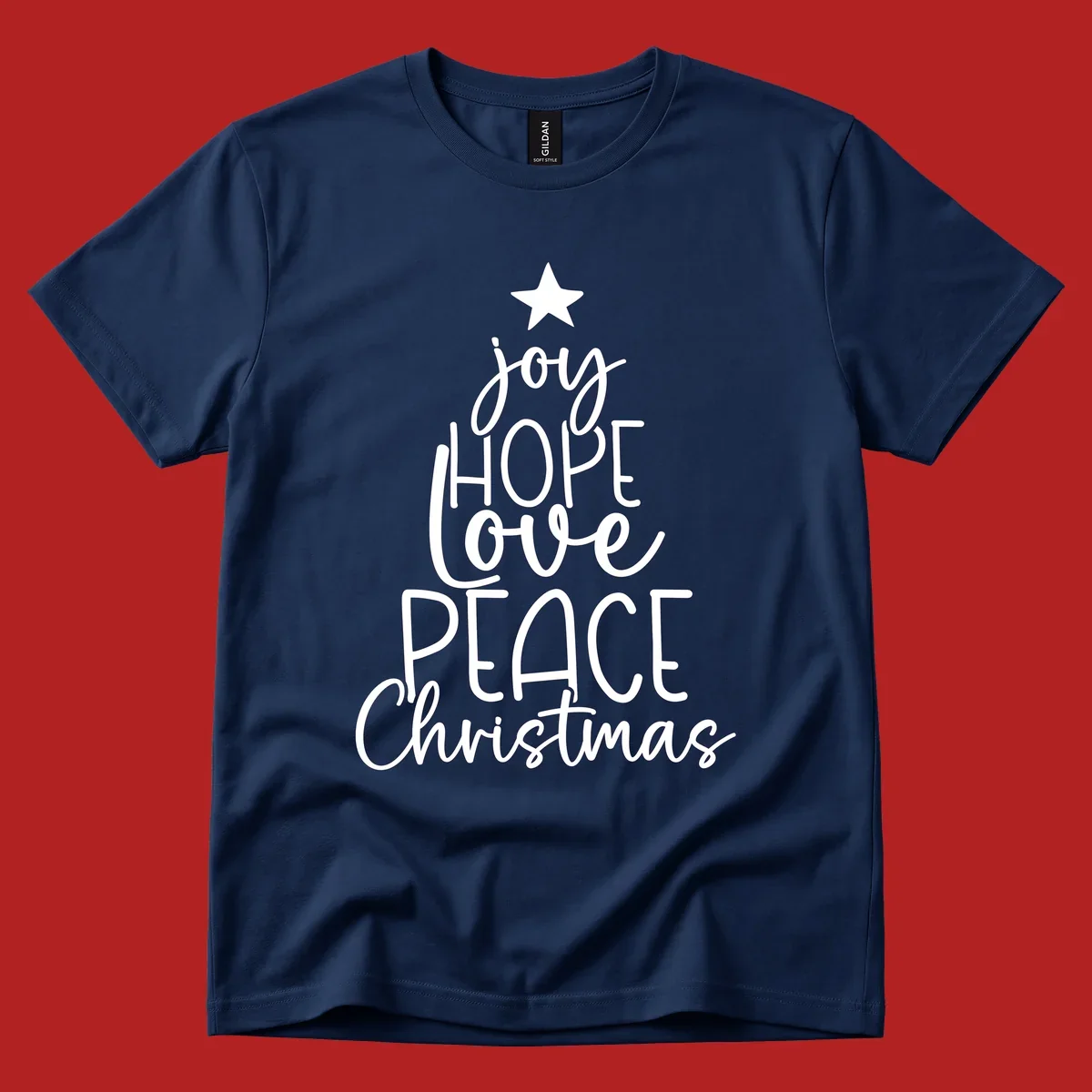 Christmas tree made of words joy, hope, love, peace, and Christmas with a star on top.