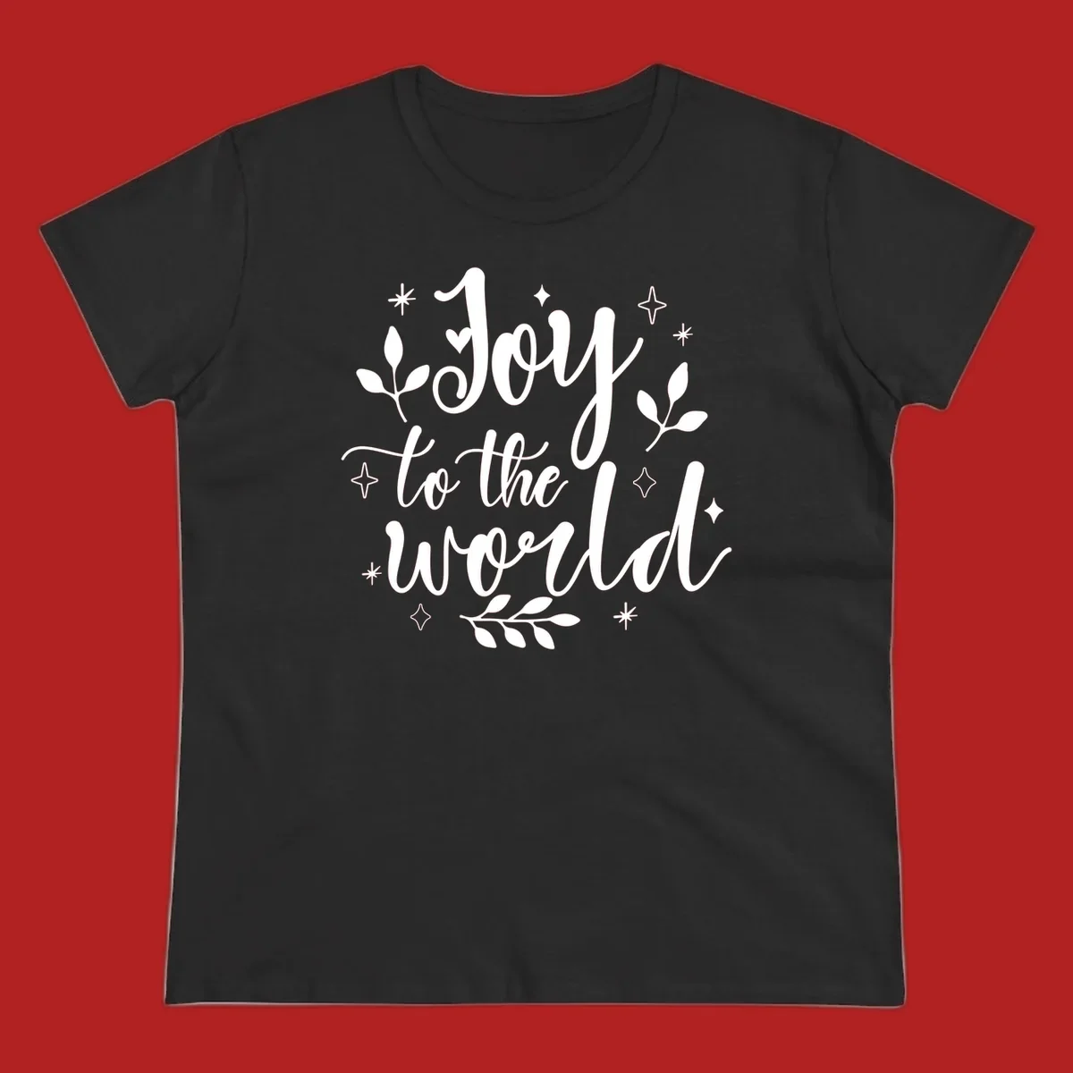 Joy to the world Christmas lettering with stars and leaves.