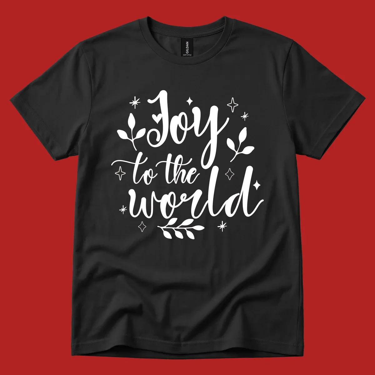 Joy to the world Christmas lettering with stars and leaves.