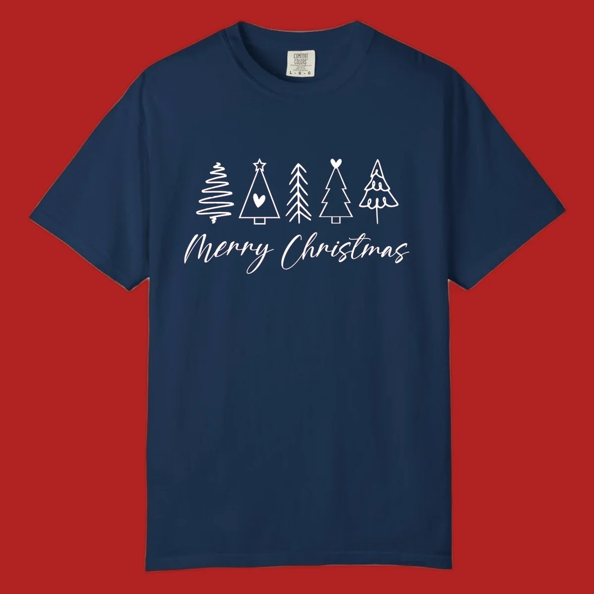 Merry Christmas text with five white hand-drawn Christmas trees on a black background.