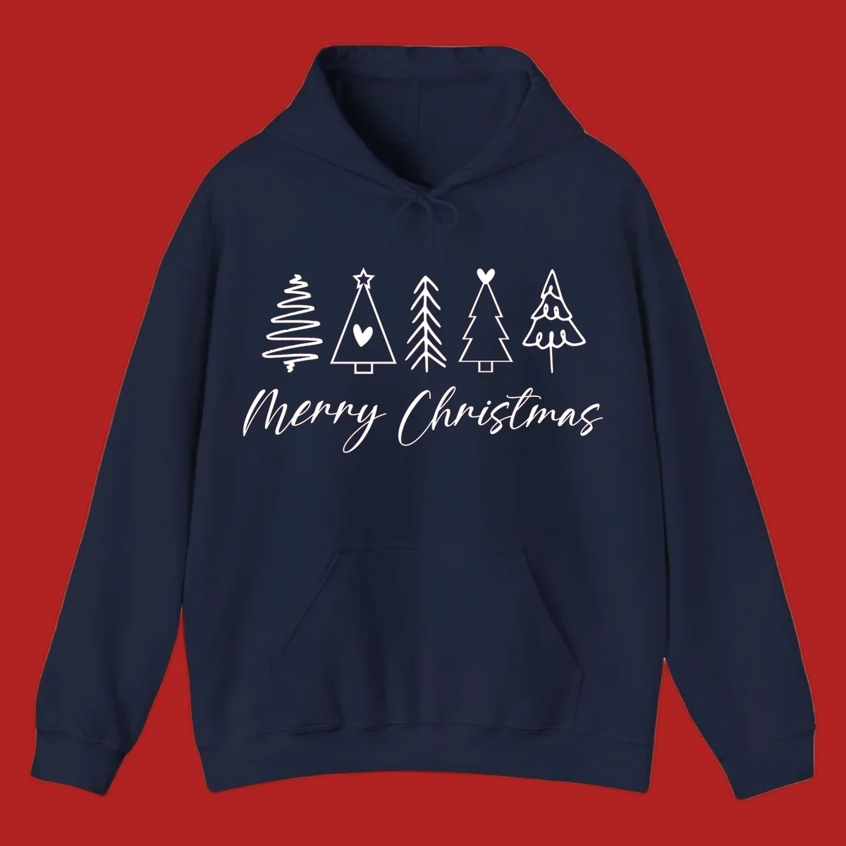 Merry Christmas text with five white hand-drawn Christmas trees on a black background.