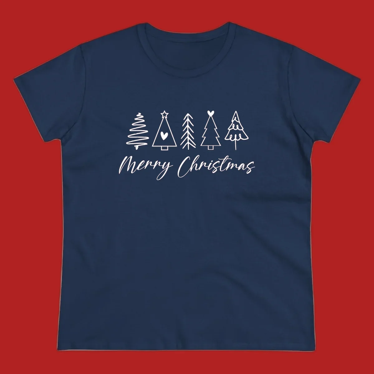 Merry Christmas text with five white hand-drawn Christmas trees on a black background.