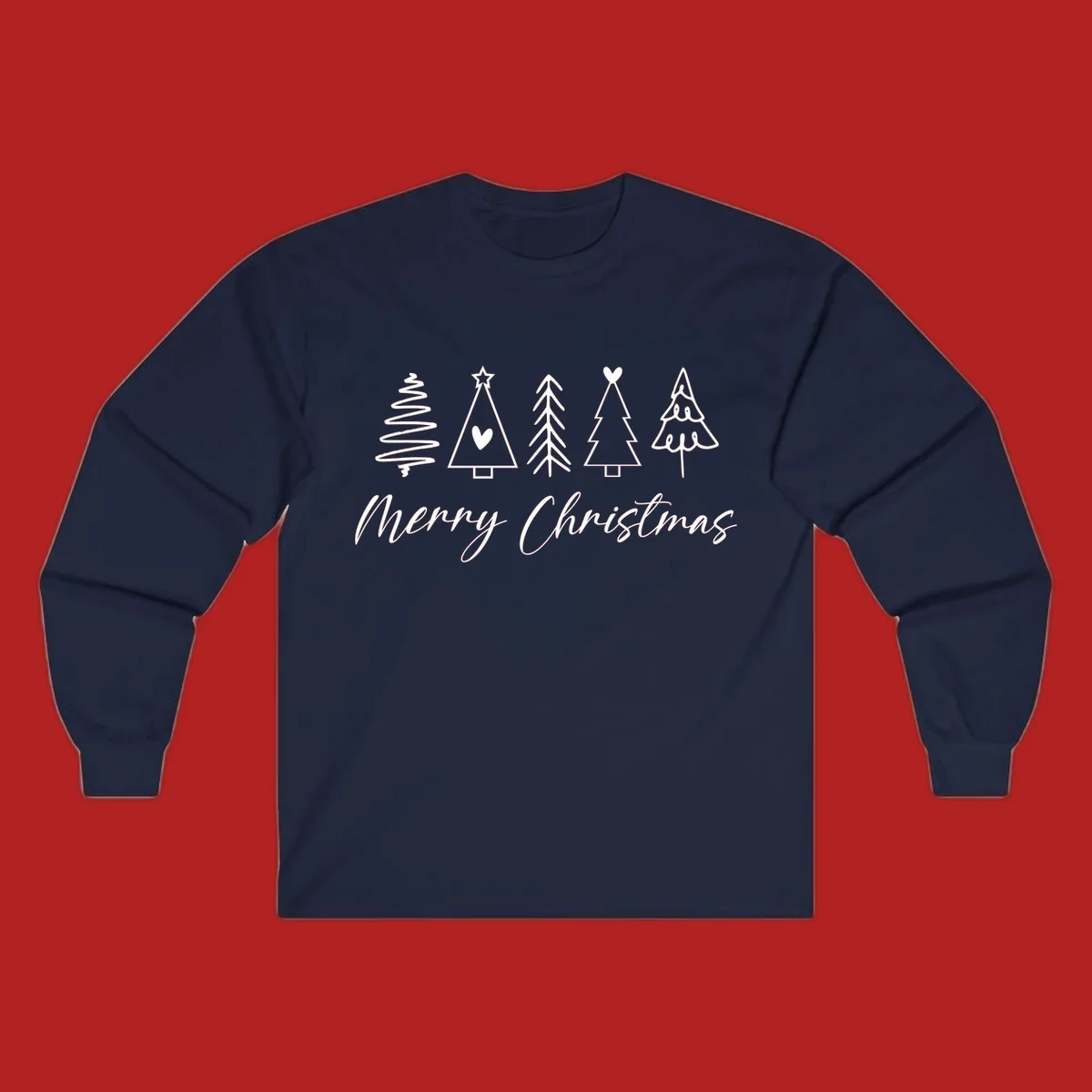 Merry Christmas text with five white hand-drawn Christmas trees on a black background.