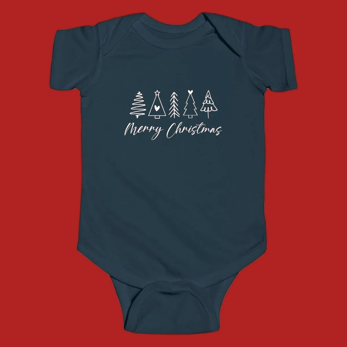 Merry Christmas text with five white hand-drawn Christmas trees on a black background.