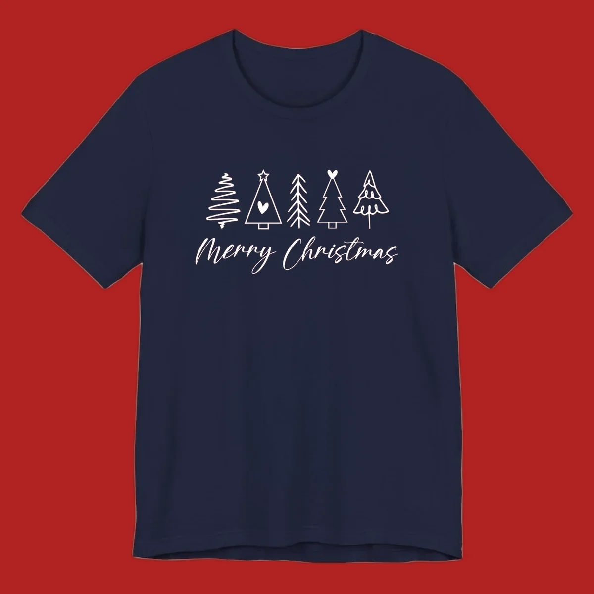 Merry Christmas text with five white hand-drawn Christmas trees on a black background.