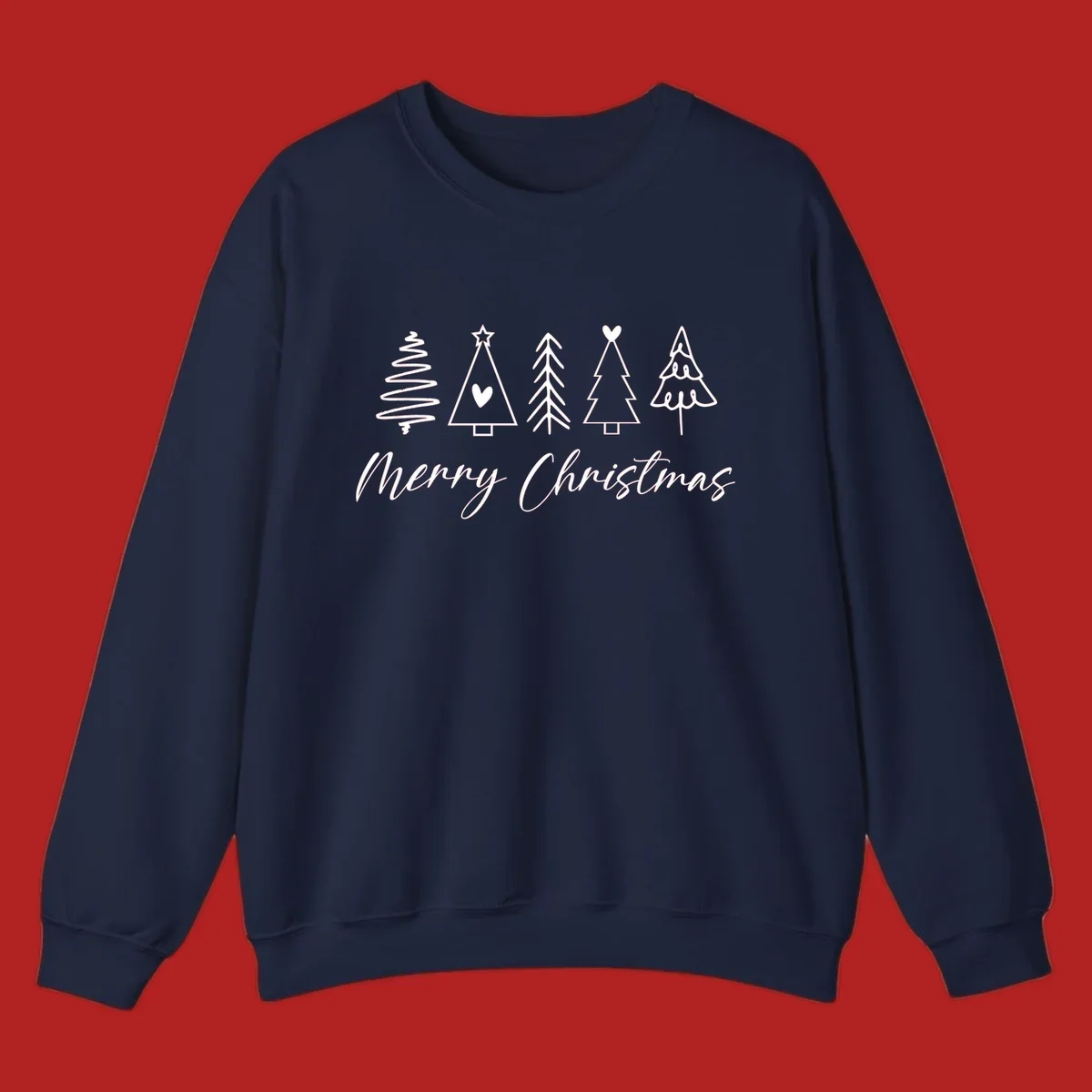Merry Christmas text with five white hand-drawn Christmas trees on a black background.