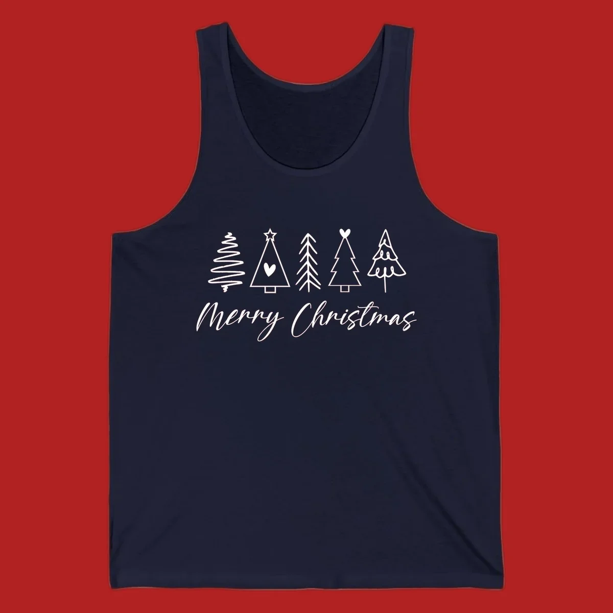 Merry Christmas text with five white hand-drawn Christmas trees on a black background.