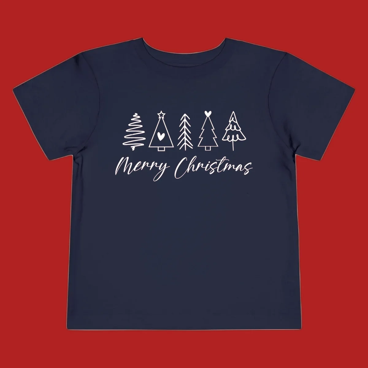 Merry Christmas text with five white hand-drawn Christmas trees on a black background.
