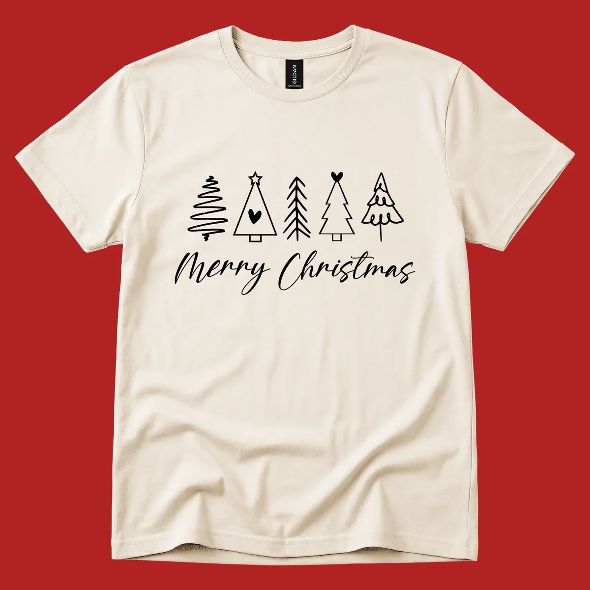Merry Christmas text with five white hand-drawn Christmas trees on a black background.