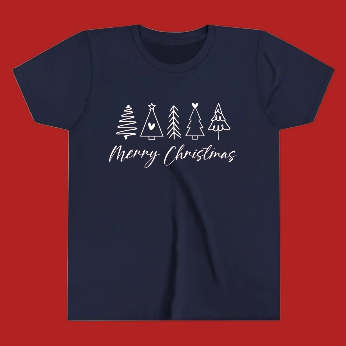Merry Christmas text with five white hand-drawn Christmas trees on a black background.